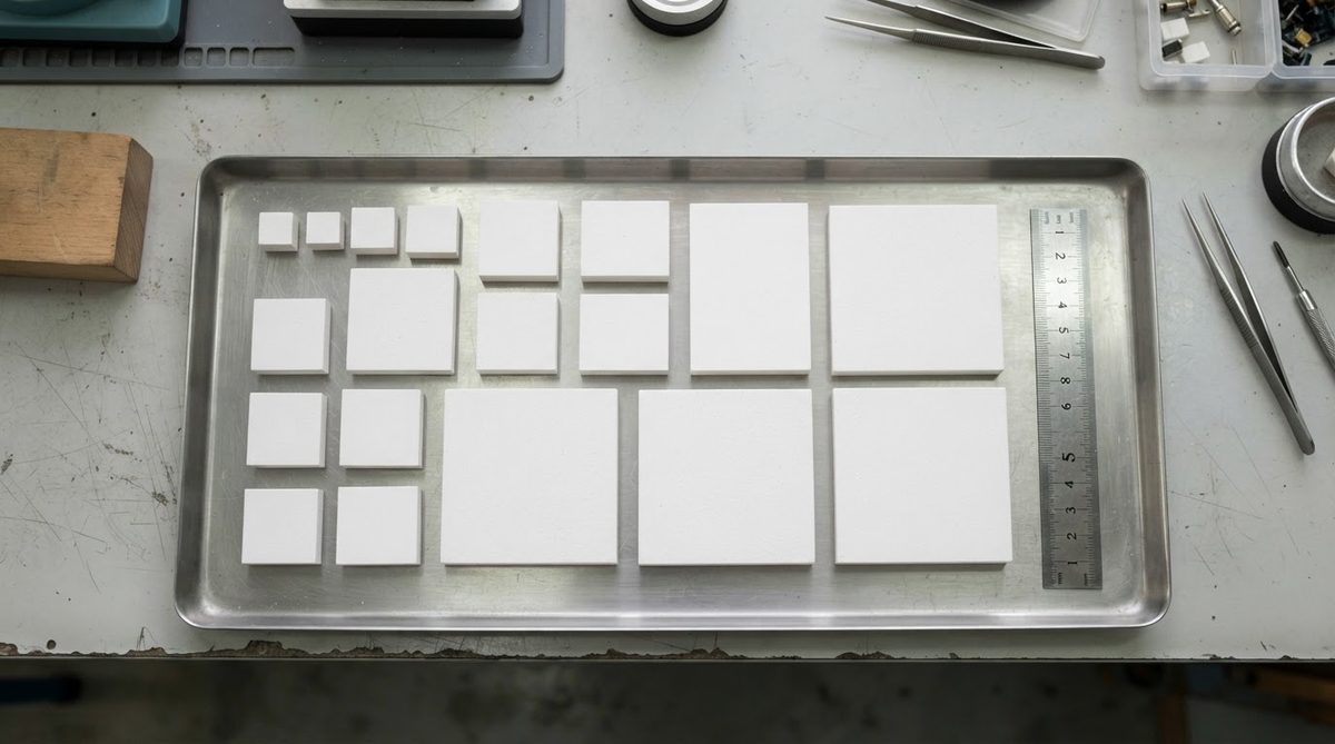 Alumina ceramic substrate blanks on a factory tray with ruler for size reference