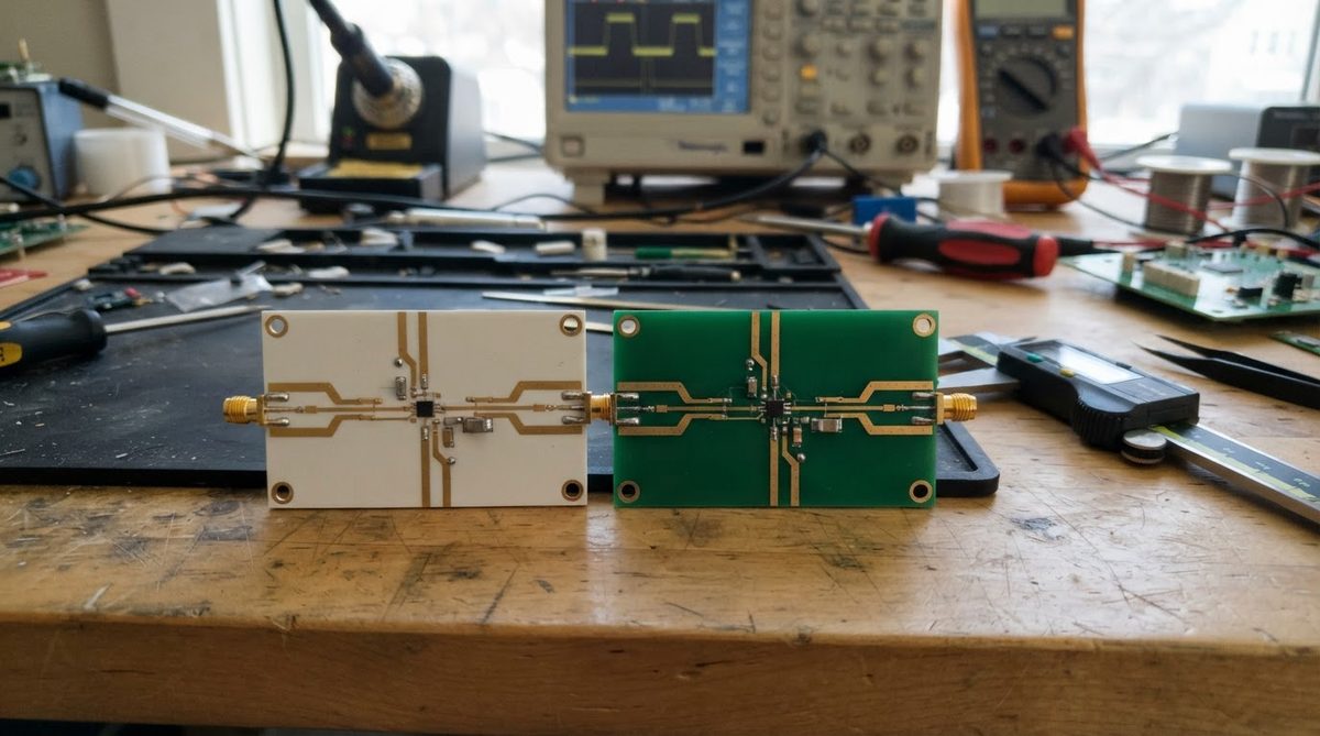 Ceramic RF board next to a Rogers laminate board for size and thickness comparison