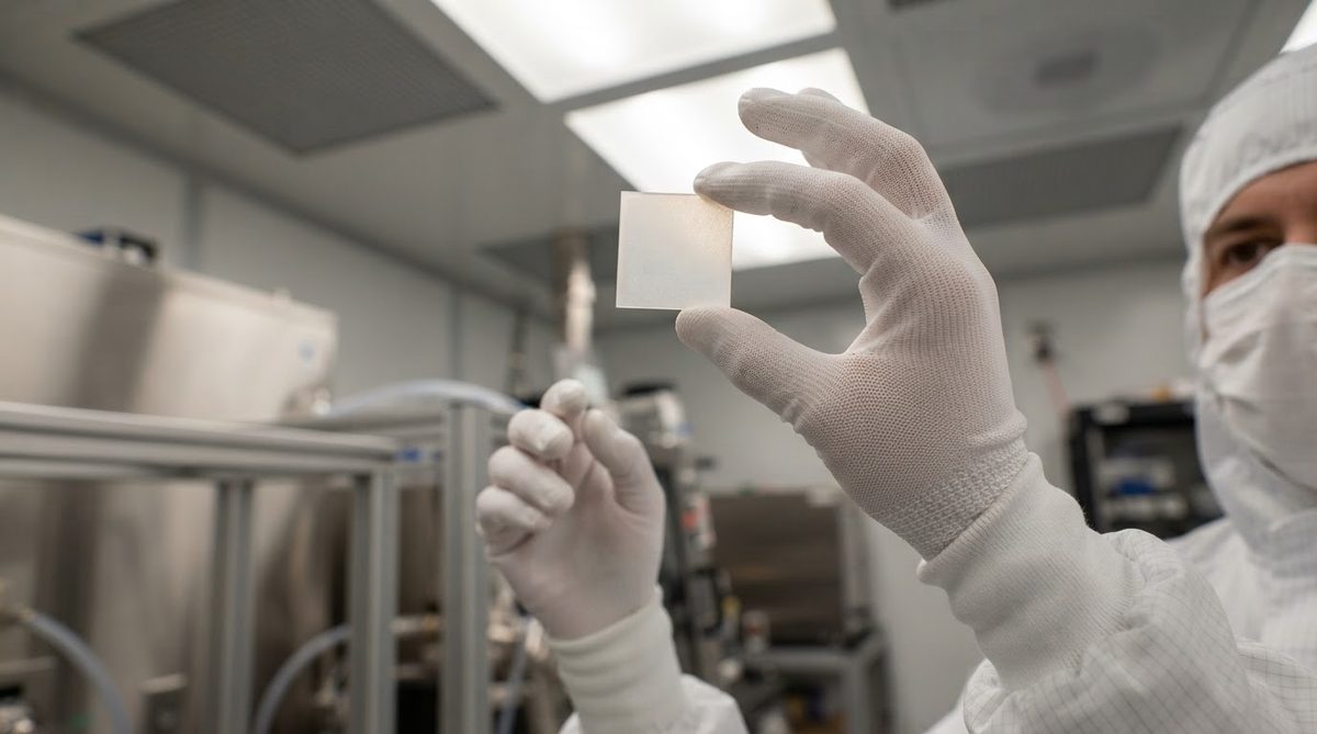 Engineer inspecting a thin AlN ceramic substrate coupon in a cleanroom