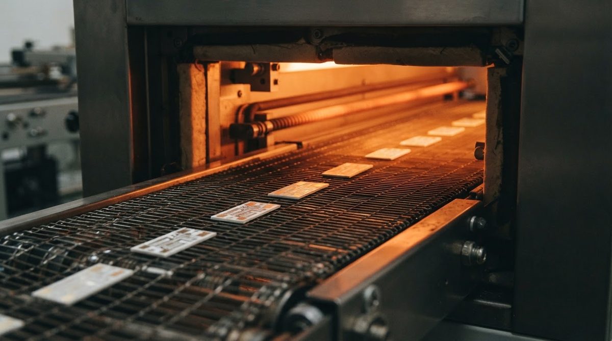 Metallized ceramic coupons entering a reflow oven for solder testing