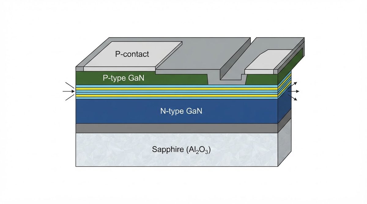 Cross-section of a GaN-on-sapphire LED showing substrate and epilayers