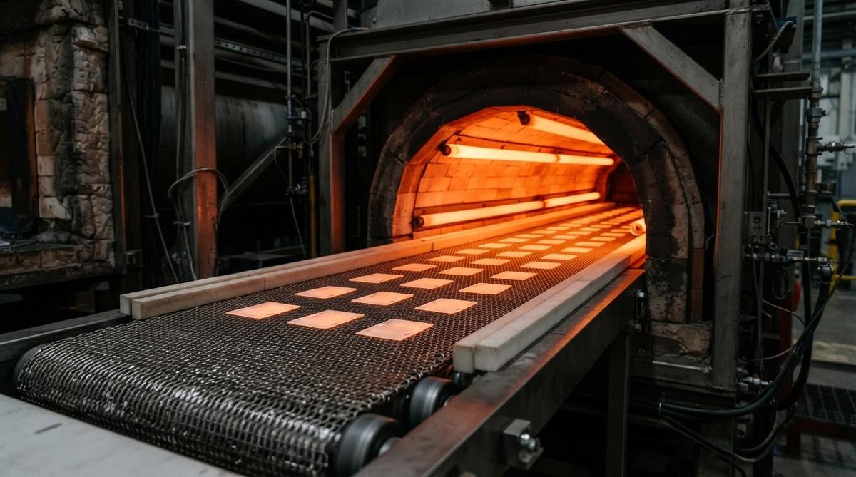 Ceramic substrates entering a belt furnace for thick-film paste firing
