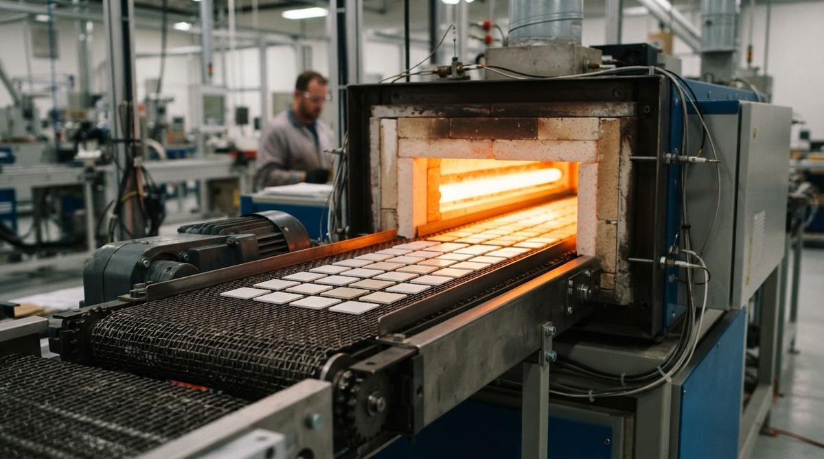 Ceramic substrates entering a belt furnace for thick-film paste firing