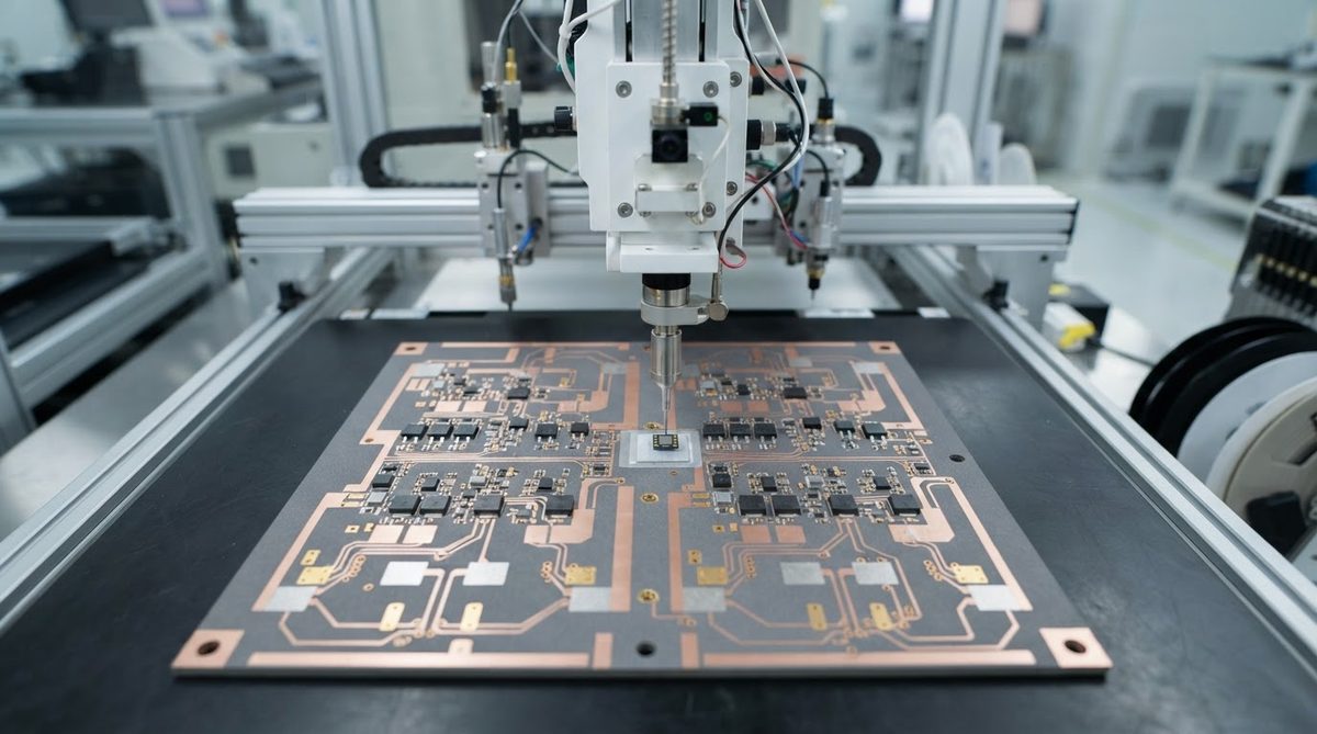 SiC MOSFET die being placed onto an AlN ceramic substrate during assembly