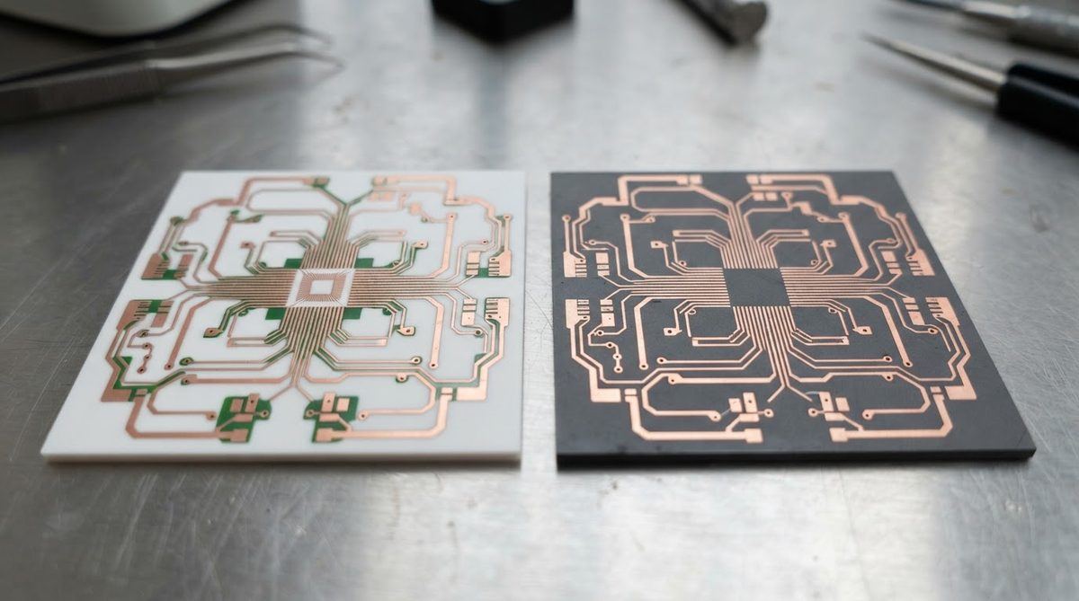 Alumina and aluminum nitride ceramic substrates side by side for comparison