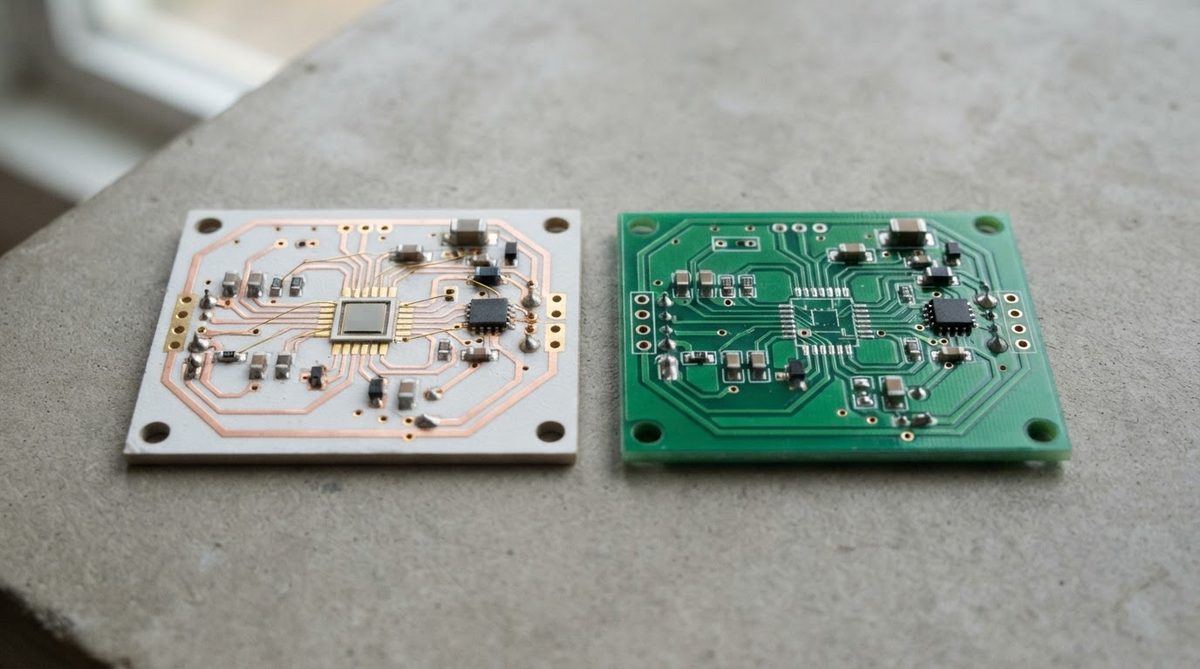Ceramic sensor substrate next to FR-4 sensor board for size and material comparison