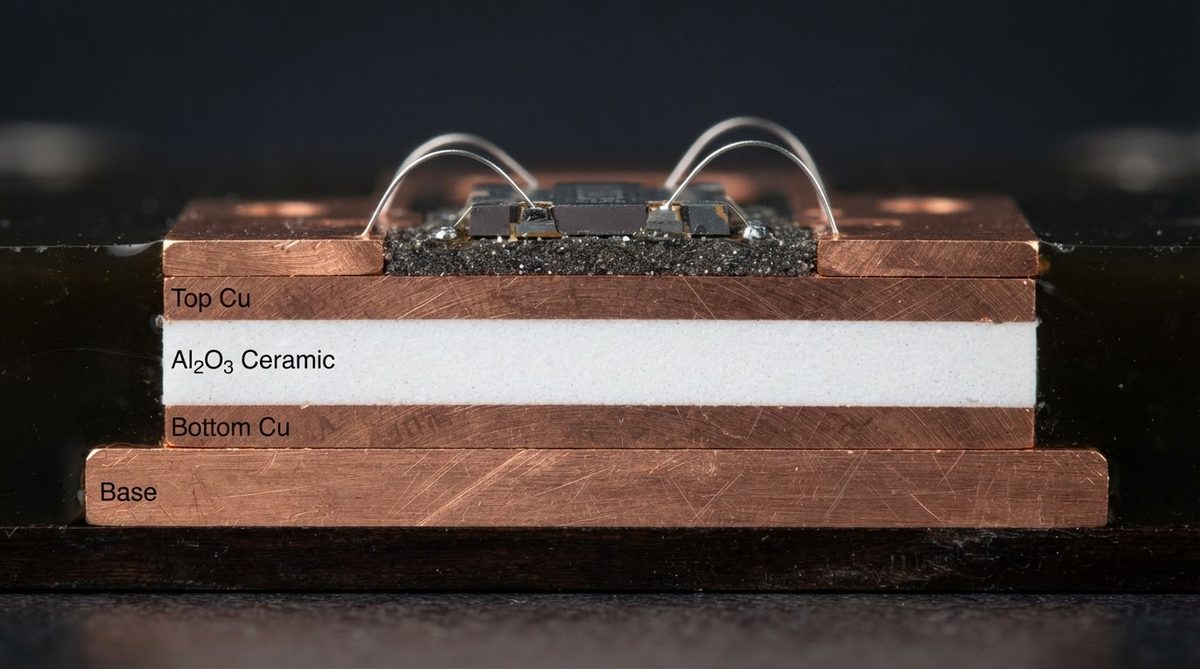 Cross-section of a power module showing copper-ceramic bonding layers