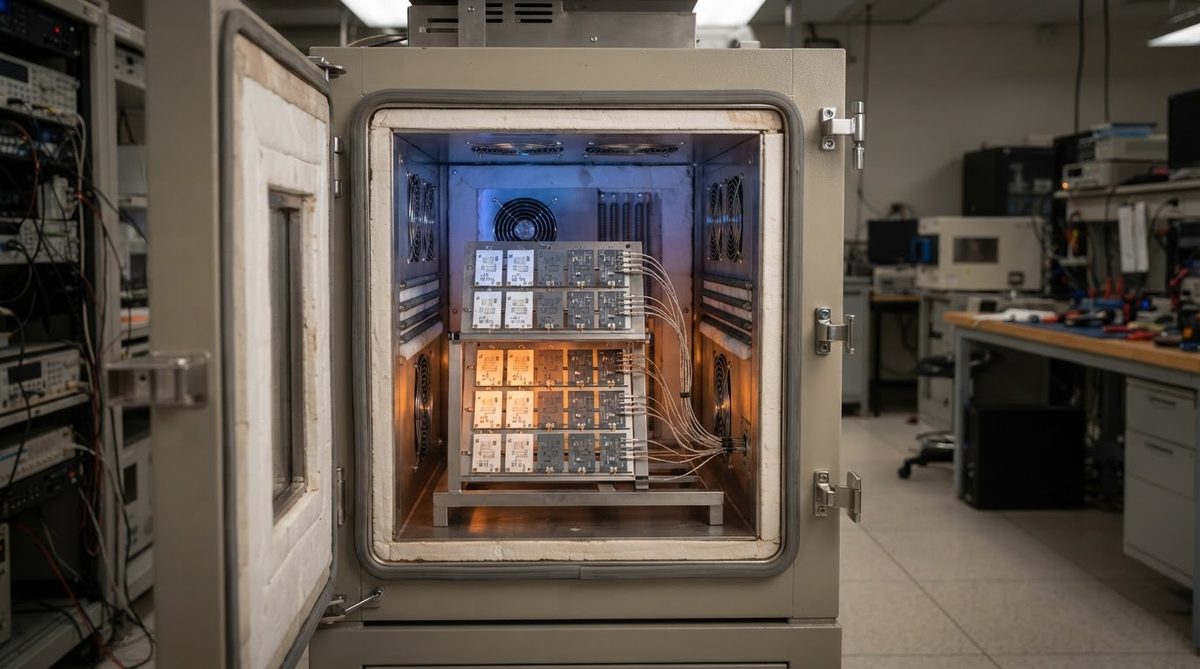 Thermal cycling test chamber loaded with ceramic substrate test samples
