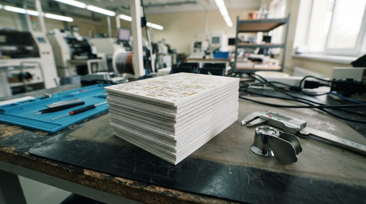 Stack of ceramic PCB panels awaiting singulation in a production facility