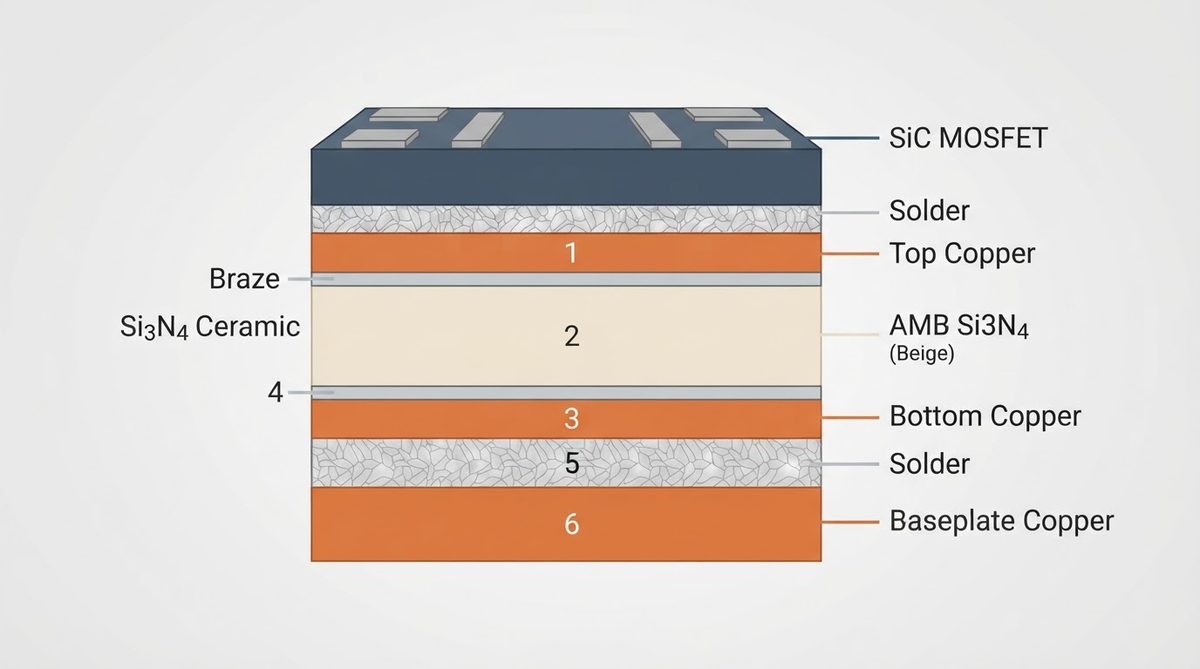 Cross-section view of a SiC die on an AMB ceramic substrate showing copper and ceramic layers