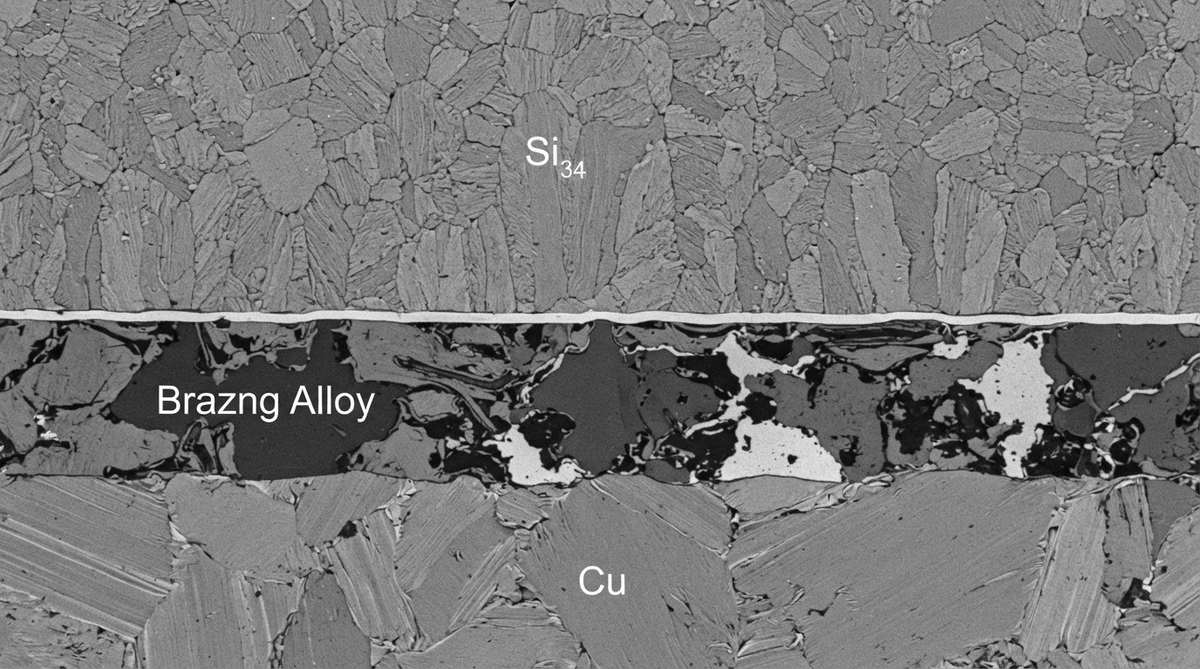 Cross-section micrograph of AMB braze joint between copper and Si3N4