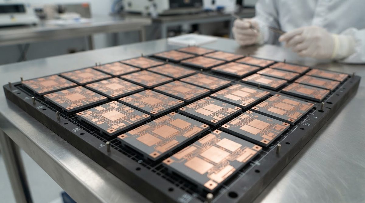 Si3N4 AMB power-module substrates on a cleanroom tray before die attach