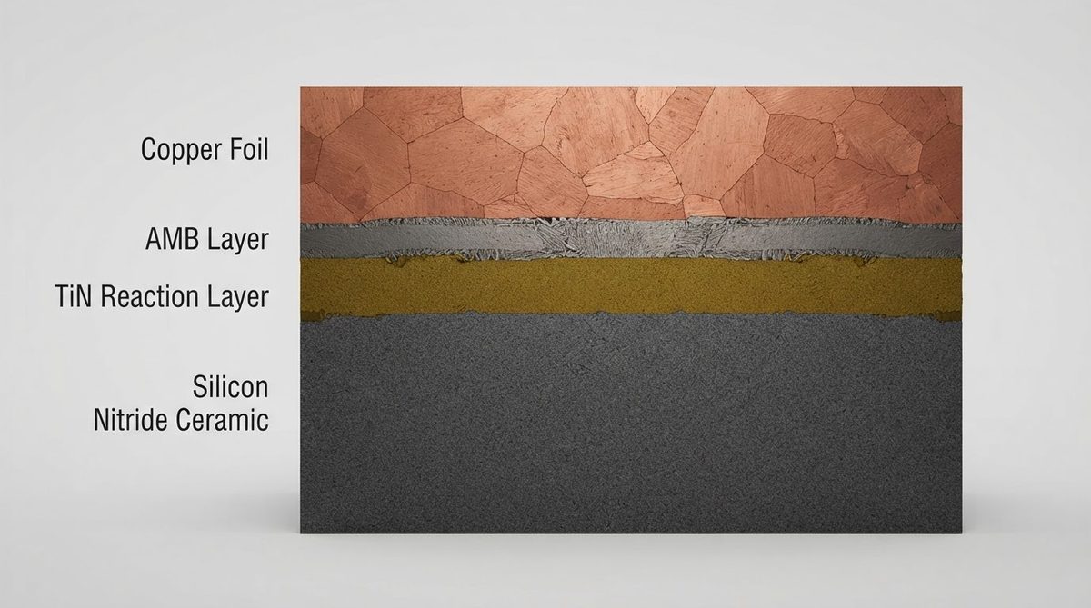 Cross-section of AMB bond between copper and silicon nitride substrate