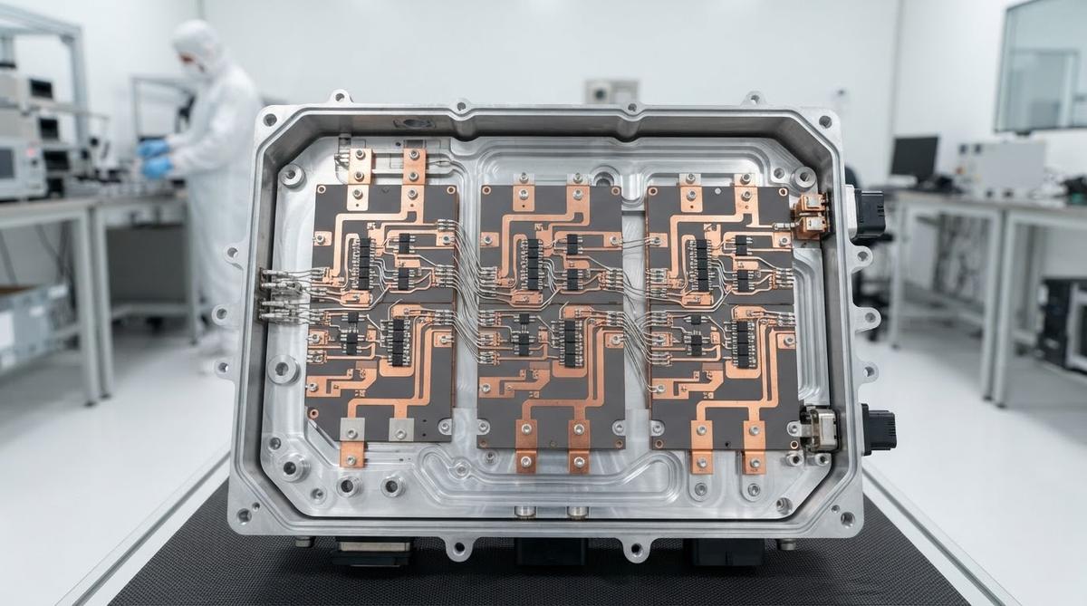 Inside an EV inverter showing Si3N4 substrates with mounted SiC power dies