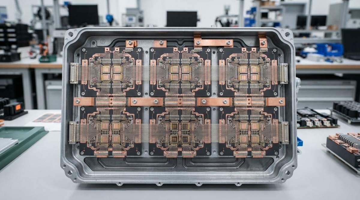 Power module interior showing Si3N4 DBC substrates with SiC devices