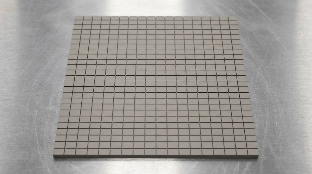 Panelised Si3N4 substrate with laser scribe grid ready for singulation