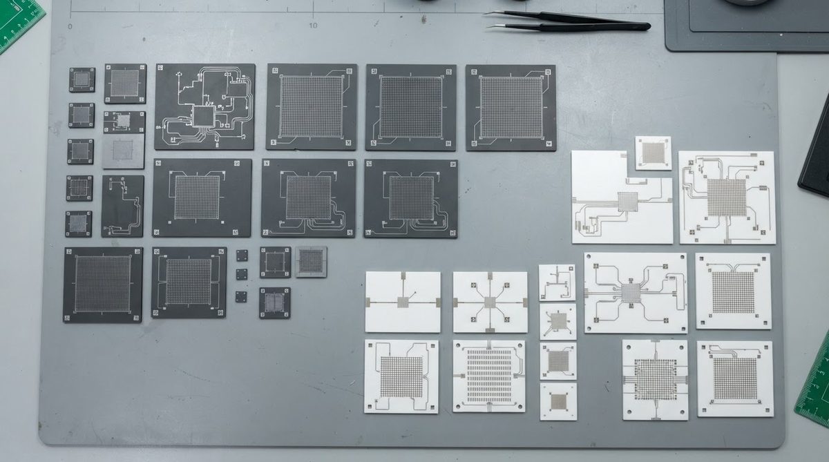 Array of silicon nitride substrates with laser-scribed snap lines on inspection table