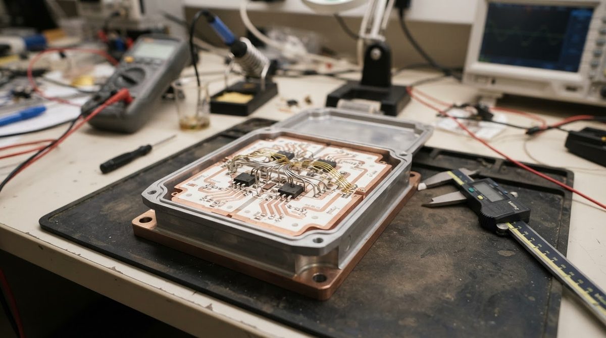 Opened SiC power module showing the ceramic substrate and wire-bond connections