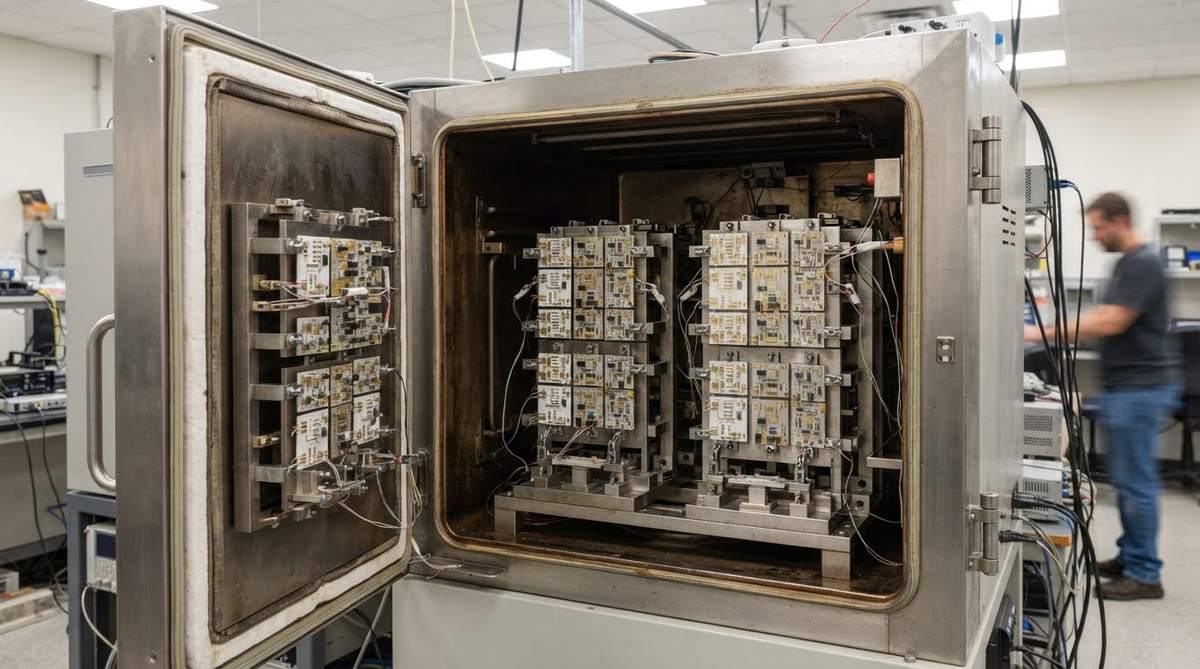 Thermal cycling test chamber loaded with ceramic substrate test samples