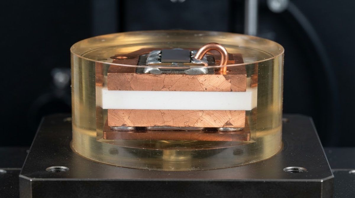 Cross-section of a power module showing copper bonded to a ceramic substrate