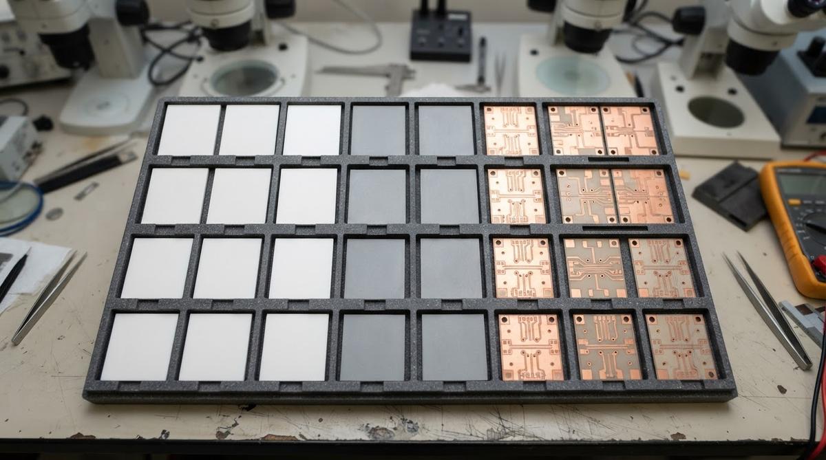 Alumina, aluminum nitride, and silicon nitride substrate samples side by side for comparison