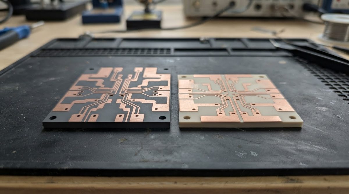 Copper-clad Si3N4 AMB substrate beside an AlN DBC substrate for size comparison