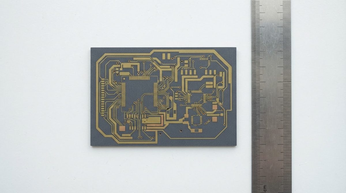AMB-metallised Si3N4 substrate with patterned copper traces shown next to a ruler for scale