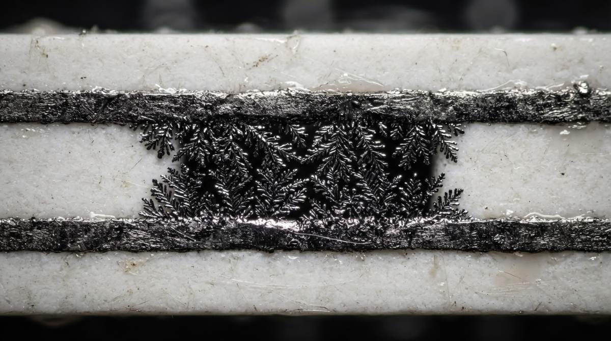 Silver electrochemical migration dendrites bridging two traces on ceramic