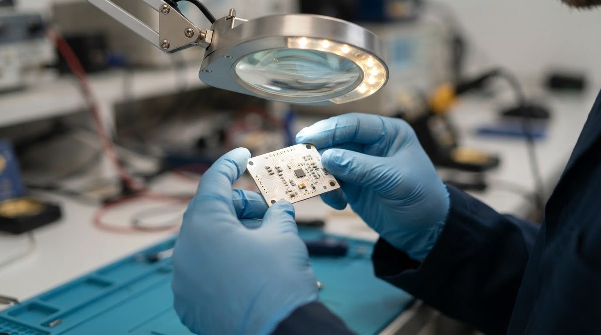 Technician inspecting a single-piece ceramic board under magnification