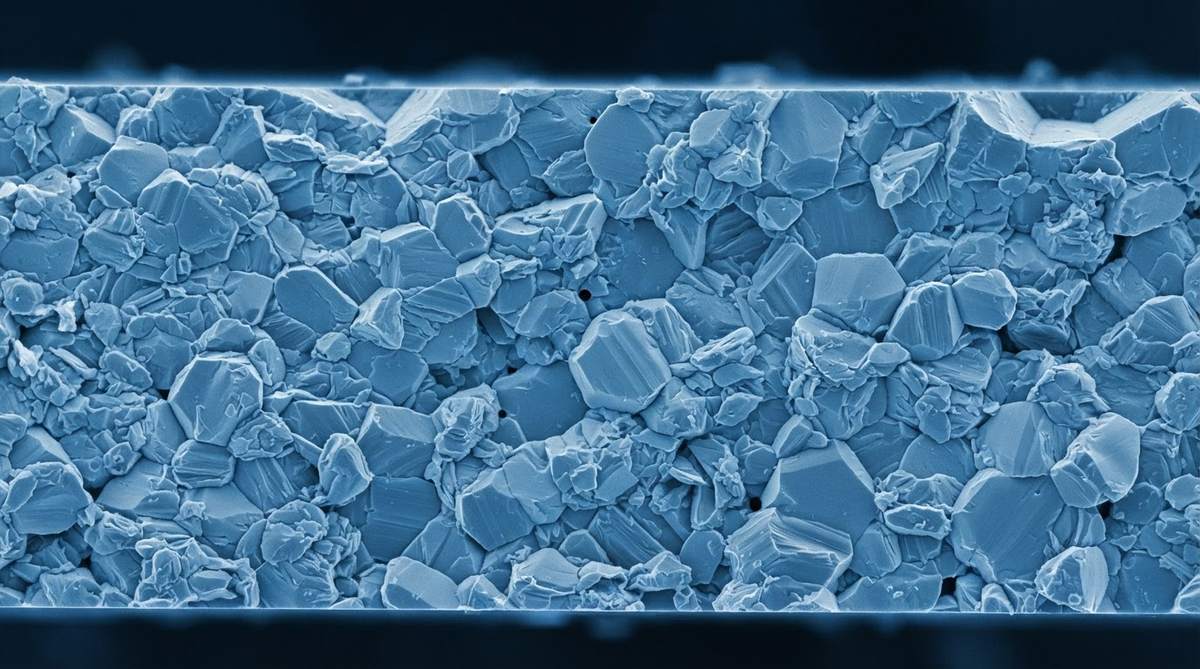 Microscope cross-section of a sintered alumina ceramic substrate