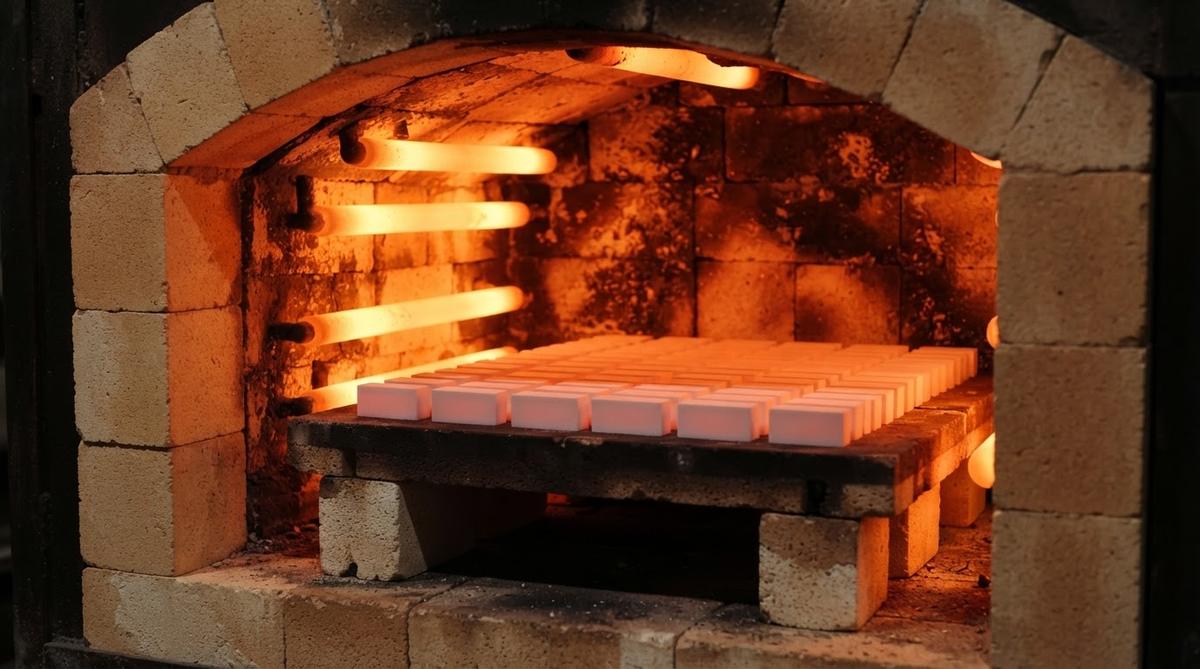 Alumina substrates inside a ceramic sintering furnace during firing