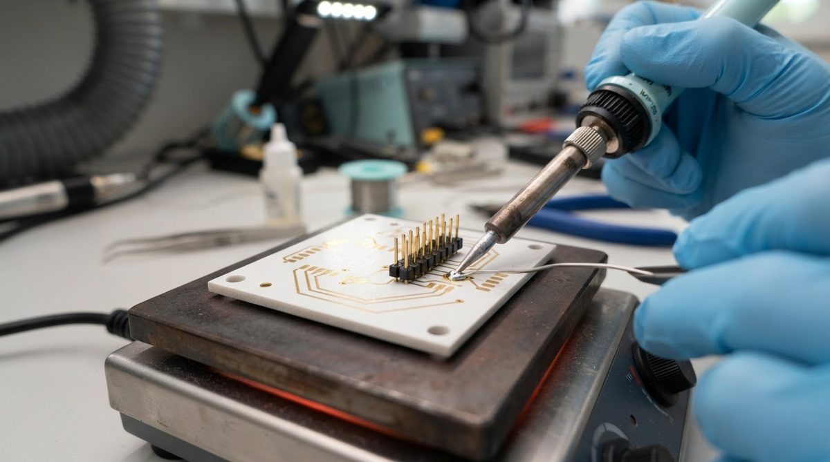 Hand soldering a connector to a ceramic PCB on a preheated hot plate