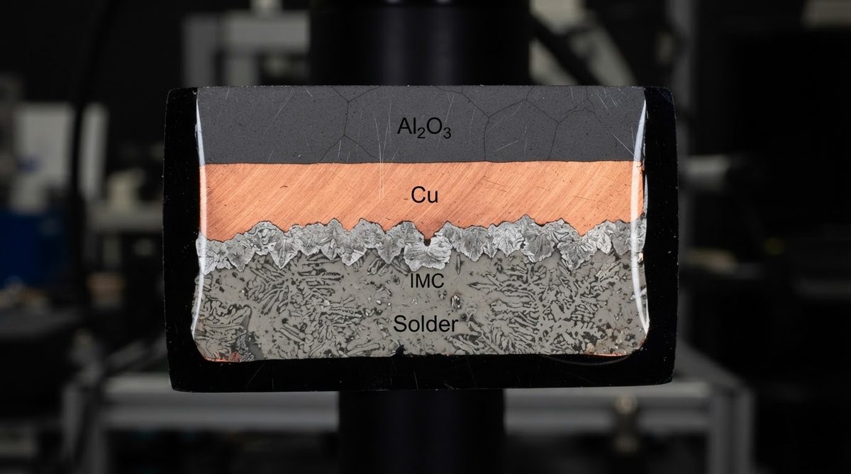 Cross-section of a solder joint on an alumina ceramic substrate showing the intermetallic bond layer