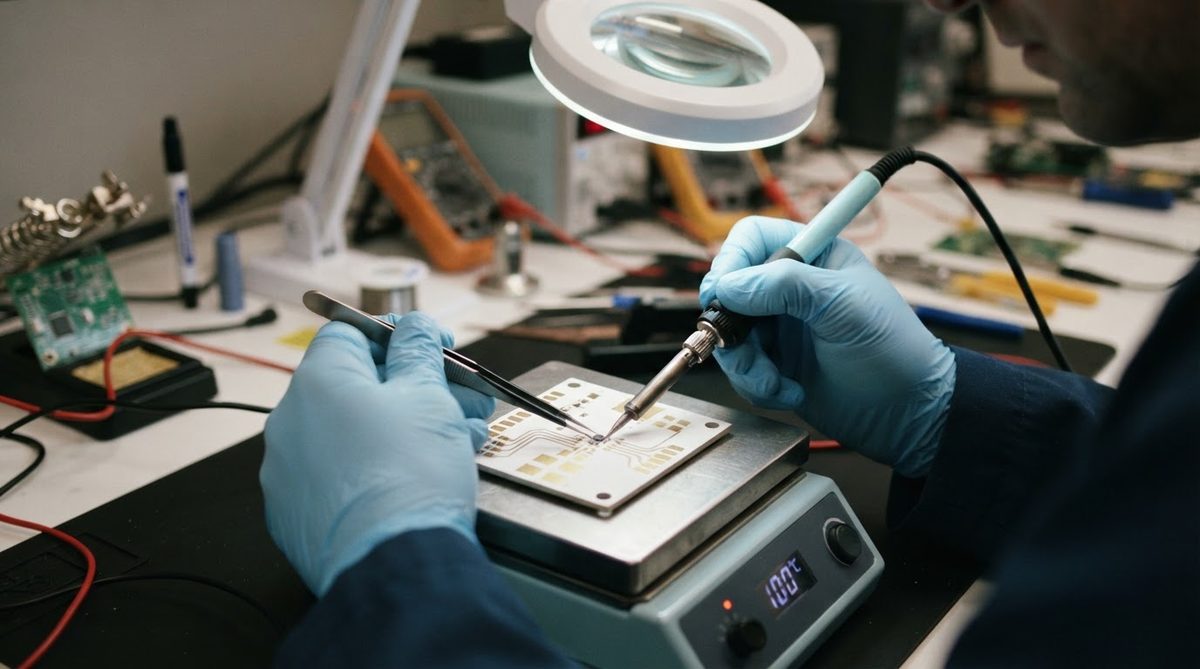 Engineer hand-soldering a component onto a ceramic PCB on a preheating hot plate