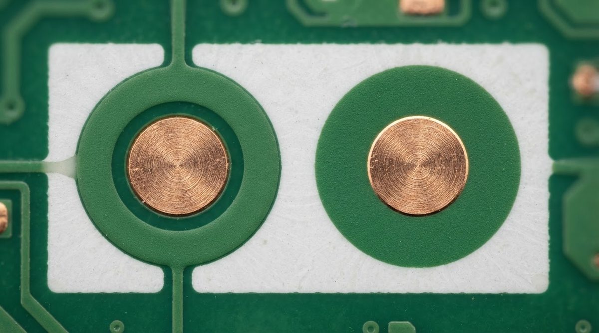 Side-by-side comparison of SMD and NSMD pad openings on a PCB