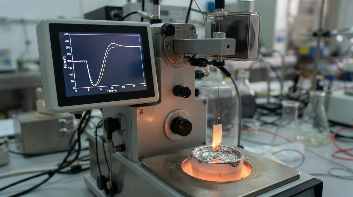 Wetting balance instrument displaying a solder wetting curve for a ceramic test sample