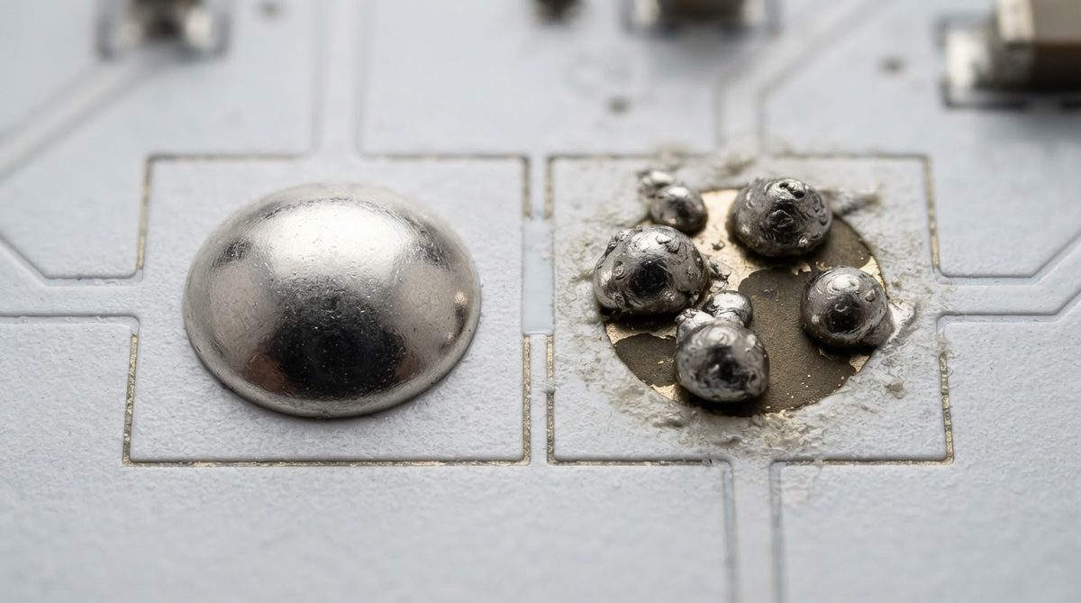 Comparison of a fully wetted ceramic pad and a dewetted pad showing solderability failure