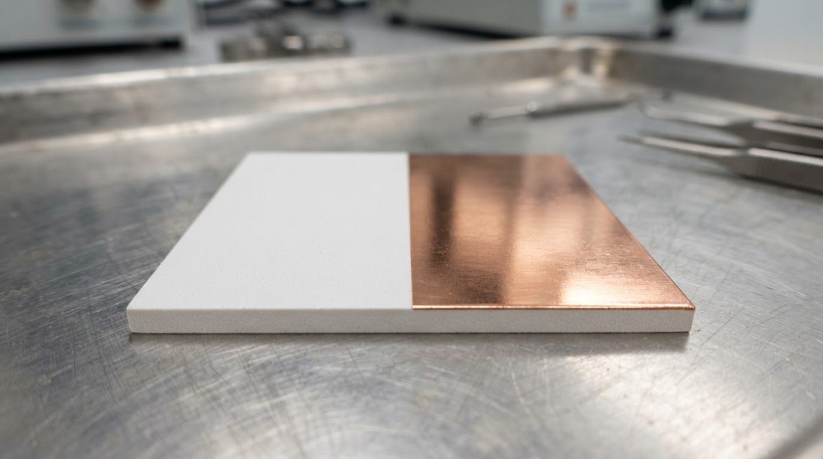 Alumina ceramic substrate partially coated with a sputtered copper seed layer
