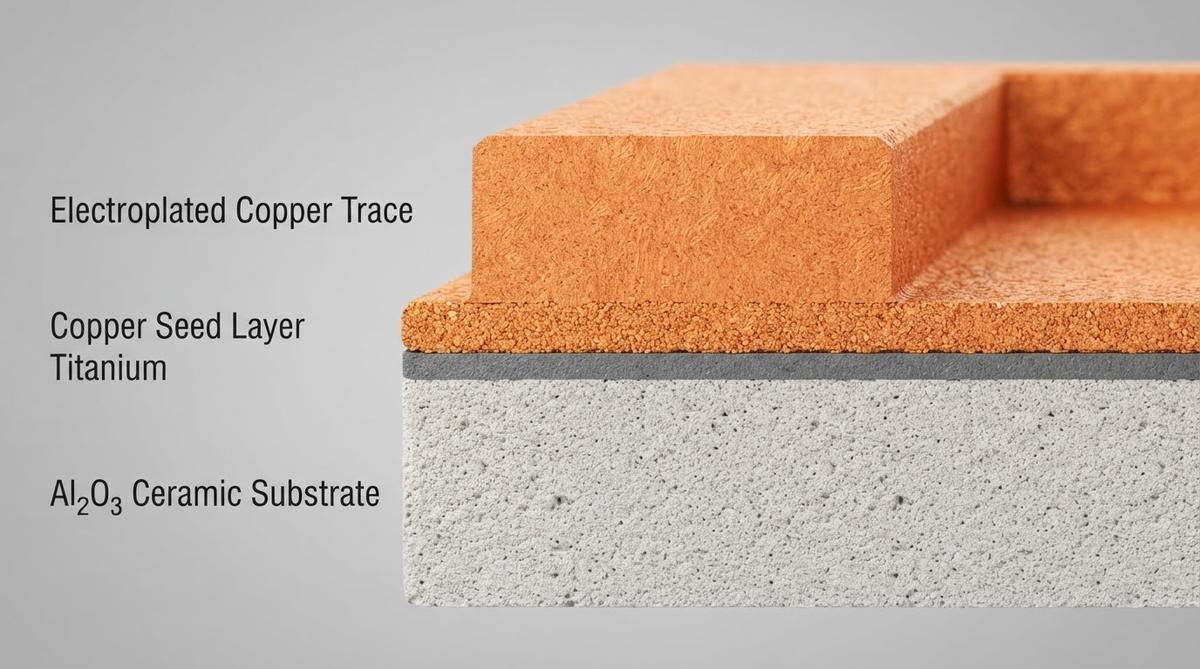 Cross-section diagram of Ti/Cu sputtering seed layer stack on a ceramic substrate