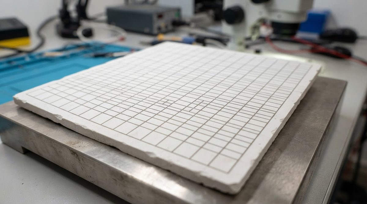 Ceramic substrate panel with laser scribe lines for singulation into individual parts