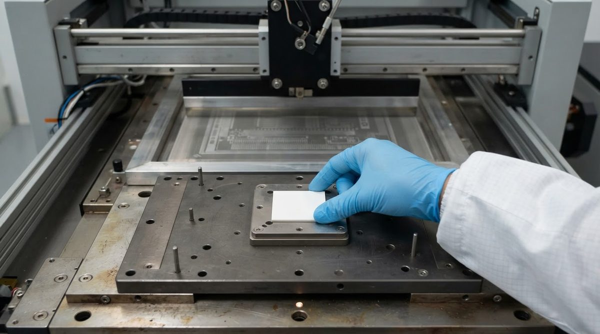 Ceramic substrate being loaded onto a thick-film screen printer