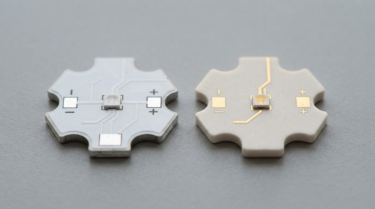 Ceramic star board next to aluminum MCPCB star board showing size and surface differences
