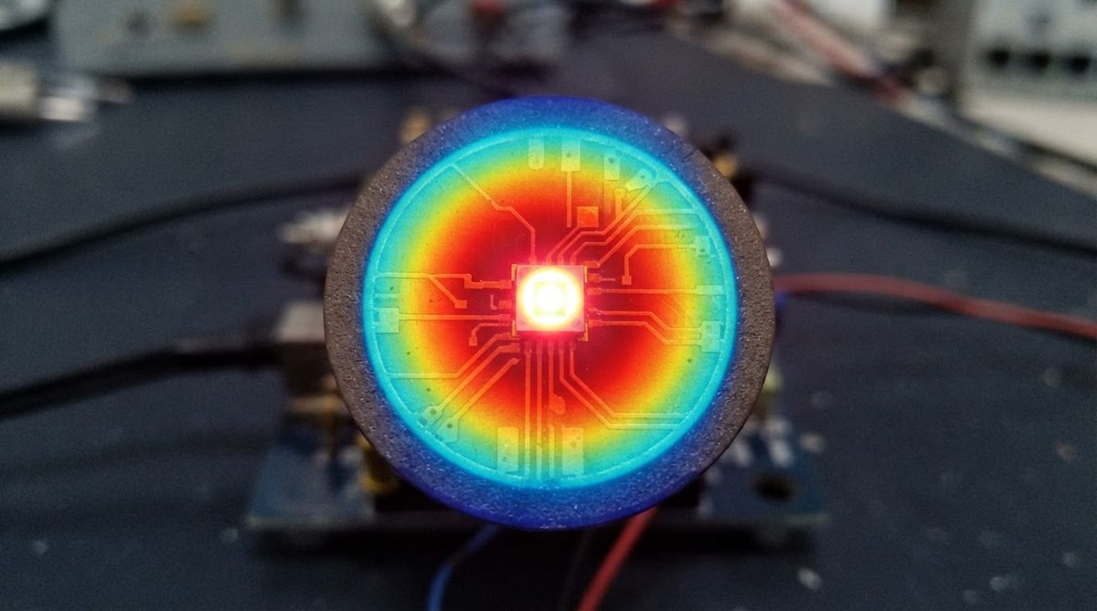 Infrared thermal image showing heat spread on an LED star board during operation