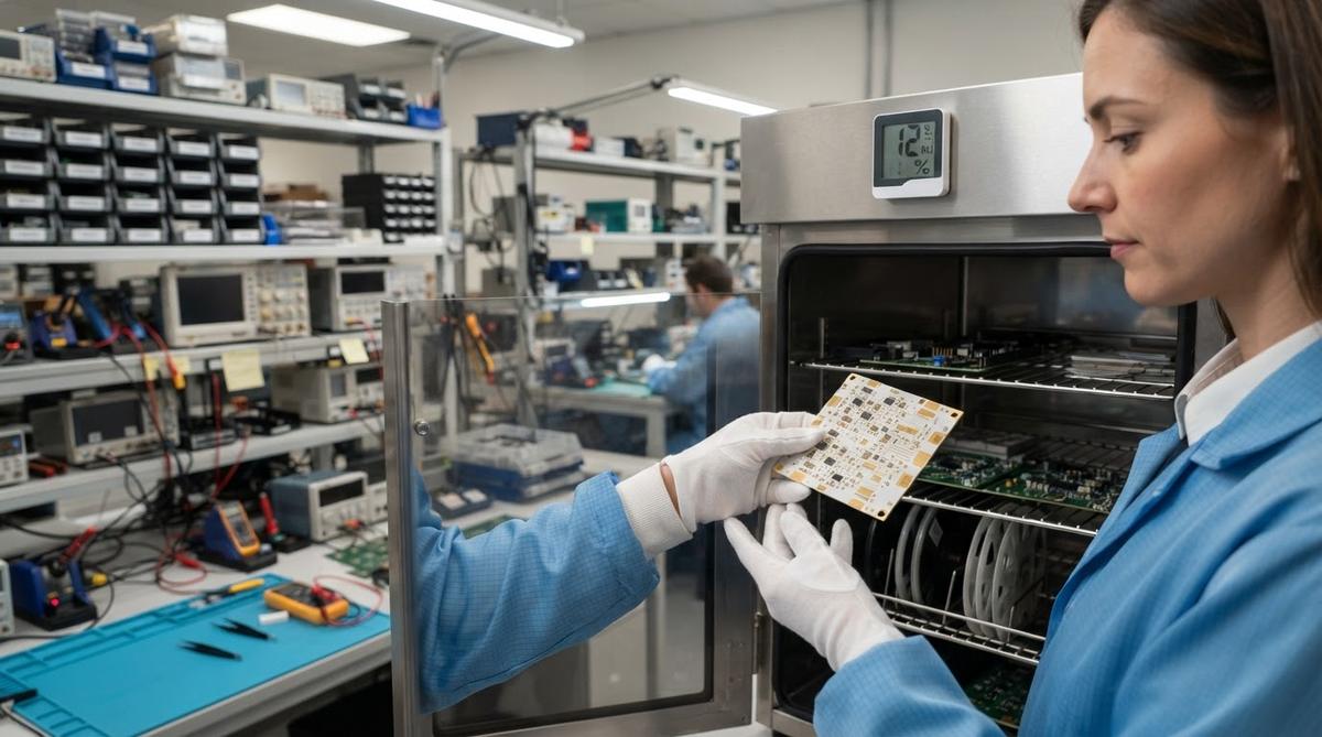 Engineer storing a ceramic PCB inside a dry cabinet in an electronics lab