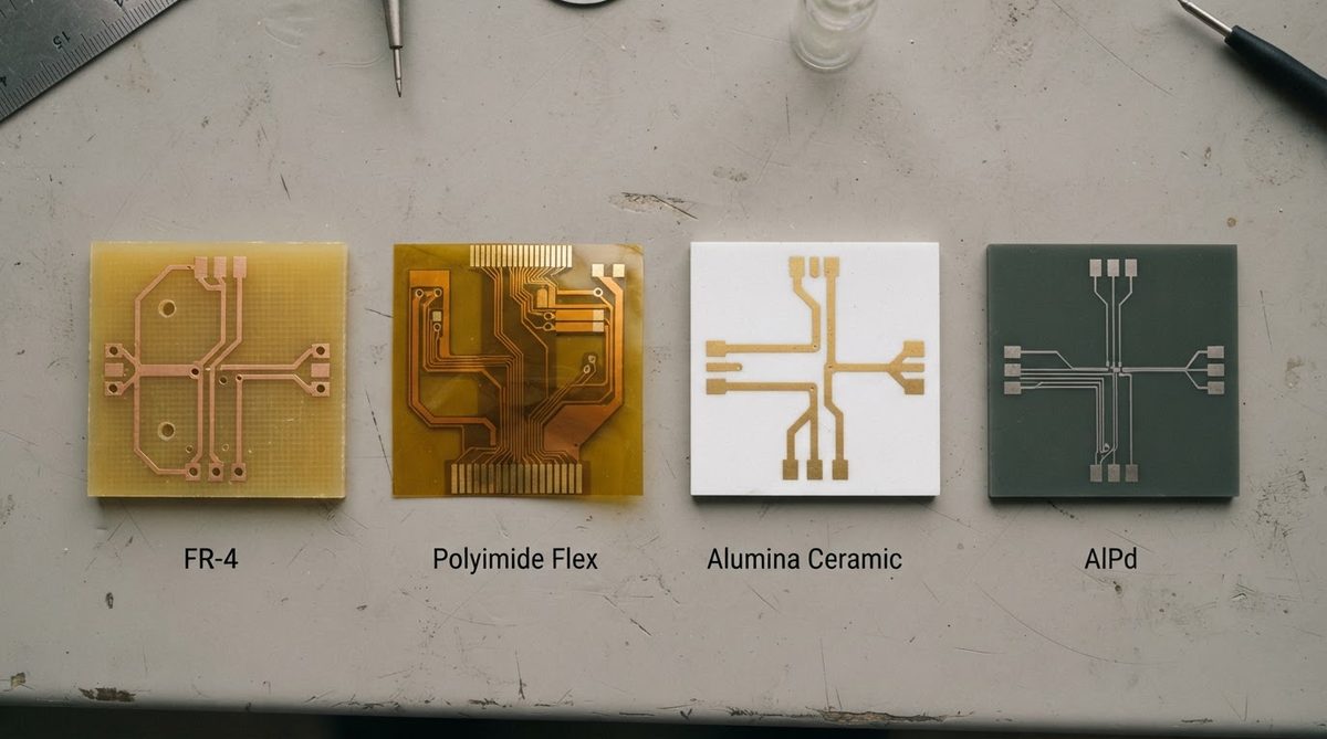 Assorted PCB substrate material samples laid out for comparison