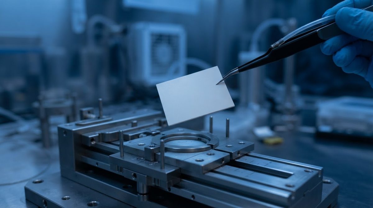 Thin AlN substrate held by vacuum tweezers during metallization handling
