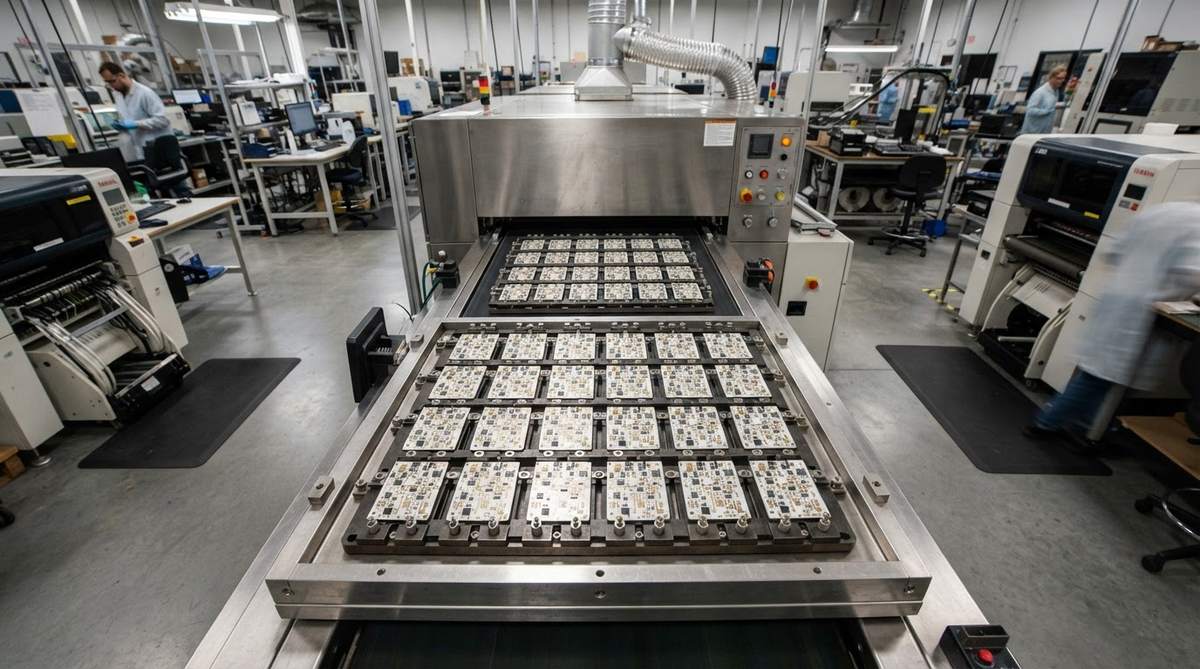 Ceramic substrates fixtured in a metal tray before reflow soldering