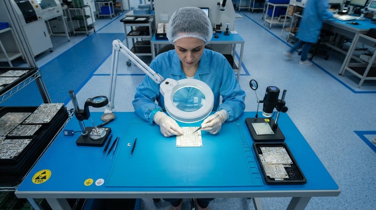 Technician inspecting metallized ceramic PCBs at a quality control station