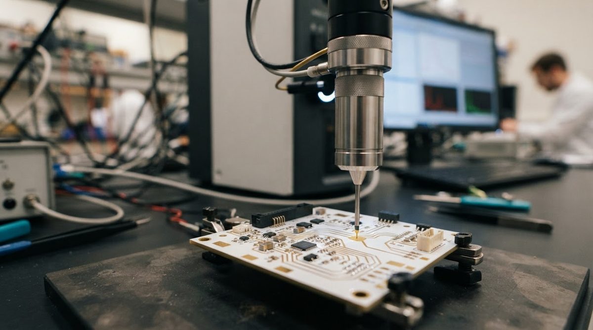 XRF probe measuring surface finish thickness on a ceramic board
