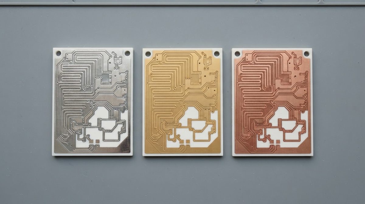 Three ceramic PCB samples with silver, gold, and copper surface finishes